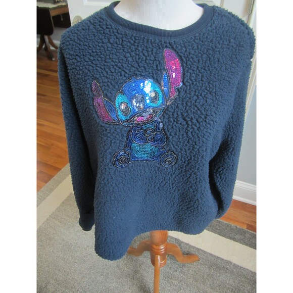 DISNEY NUBBLY FLEECE NAVY SWEATSHIRT W/ SEQUIN " STITCH" JUNIOR SIZE XXL 19 - Picture 2 of 4